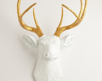 White & Gold Deer Head - The Alfred - White Resin Faux Deer Head- Stag Wall Decor by White Faux Taxidermy Animal Head Wall Art