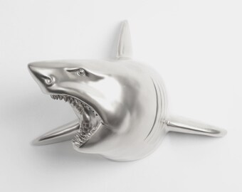 Shark Head Faux Taxidermy - The Lewie in Silver - Silver Resin Shark Head - Shark Resin White Faux Taxidermy - Chic & Trendy Fish Mount