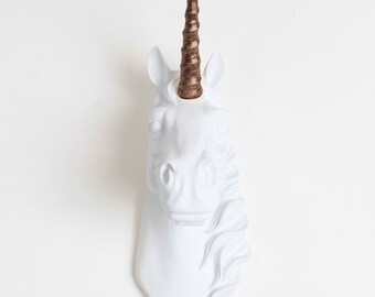 The Binx Mini Unicorn in White w/ Bronze Horn Wall Mount by White Faux Taxidermy ®. Home Decor Wall Hanging Bedroom Art