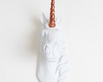 The Binx Mini Unicorn in White w/ Copper HornWall Mount by White Faux Taxidermy ®. Home Decor Wall Hanging Bedroom Art