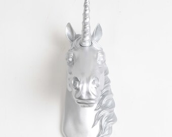 Mini Unicorn Head Wall Sculpture - The Binx in Silver by White Faux Taxidermy - Chic Home Decor Wall Hanging & Bedroom Art - Taxidermied Art