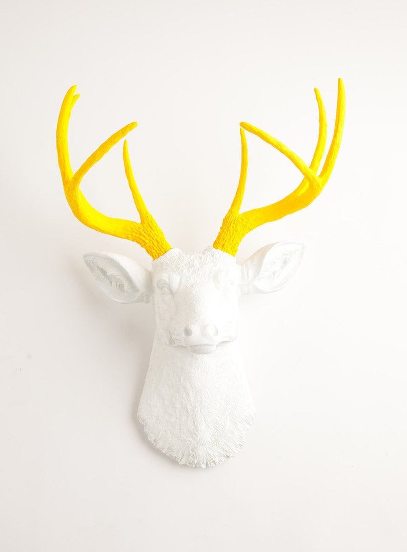 Faux Taxidermy  The Baron  White W/ Yellow Antlers Resin image 1