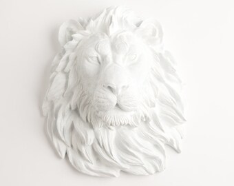 Faux Taxidermied Lion  Head, The Walter, White Resin Lion Head Wall Sculpture, Chic African Animal Head Wall Hanging by White Faux Taxidermy