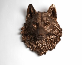 The Penny - Bronze Resin Wolf Head - Resin White Faux Taxidermy - Chic & Trendy - White Faux Taxidermy