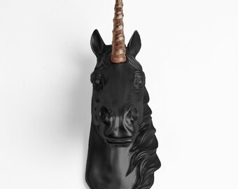 The Binx Mini Unicorn in Black w/ Bronze Horn by White Faux Taxidermy ®. Home Decor Wall Hanging Bedroom Art