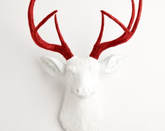 Fake Deer Head - The Grover - White W/ Red Antlers Resin Deer Head Mount - Stag Resin by White Faux Taxidermy Animal Head Wall Decor
