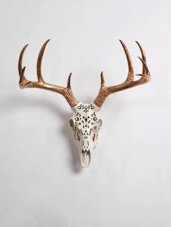 Deer Skull in Natural Filigree Resin With Gold Antlers Resin