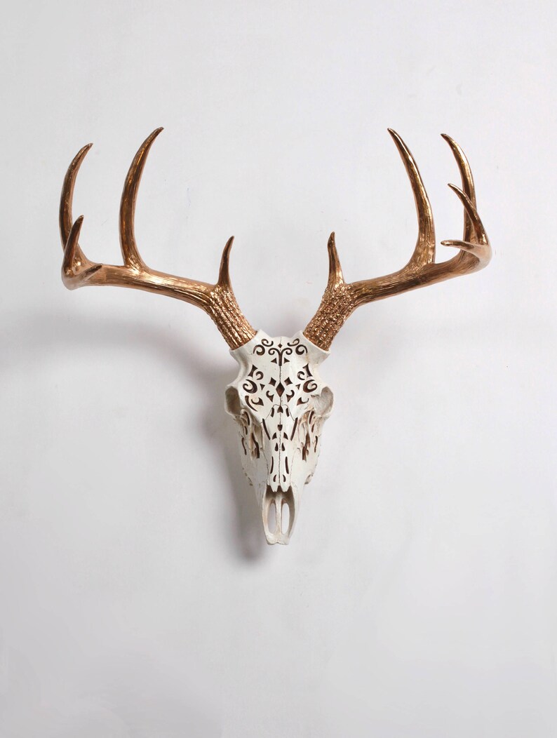 Deer Skull in Natural Filigree Resin with Gold Antlers - Resin Deer Skull Head by White Faux Taxidermy- Western Decor Stag Deer Animal Skull 