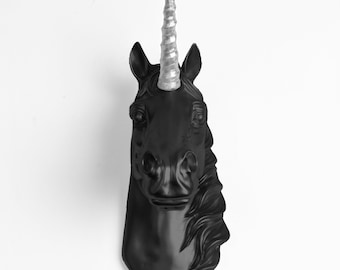 The Binx Mini Unicorn in Black w/ Silver Horn by White Faux Taxidermy ®. Home Decor Wall Hanging Bedroom Art