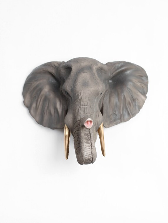 Large Natural Elephant Head W Gold Tusks Animal Wall Mount - Large Elephant Head Wall Mount