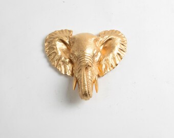 Elephant Head Wall Mount in gold, The Phineas Mini Faux Elephant Decor Mount by White FauxTaxidermy - Resin Art - Elephant Home Decor