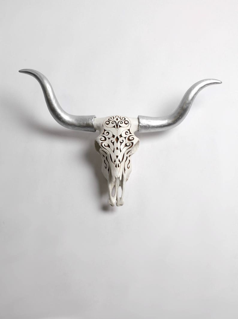 Cow Skull Wall Decor With Filigree & Silver Longhorns by Etsy