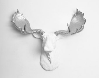 Faux Moose Head - The Adobe - Resin Moose Head W/ Silver Antlers - Chic Animal Wall Sculptures & 3D Home Decor by White Faux Taxidermy