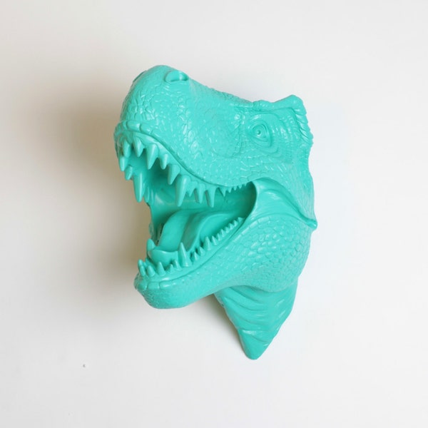 Dinosaur Head Wall Mount - The Crowley Turquoise Resin T-Rex Wall Decor - Trex Dinosaur Decor by White Faux Taxidermy- Jurassic Bedroom