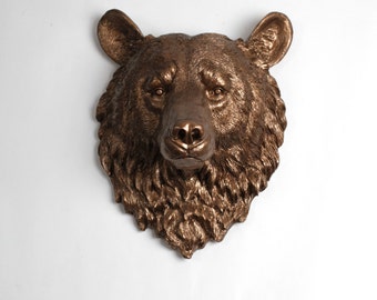 Faux Bear Taxidermy Wall Decor, The Alberta Bronze Resin Bear Wall Sculpture - Faux Bear Head Decor by White Faux Taxidermy Animal Heads