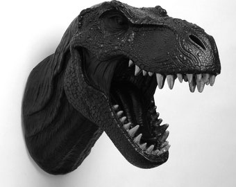 Dinosaur Decor Wall Mount in Black w/Silver Teeth, The Rufus. T rex Head Wall Decor. Dinosaur wall art by White Faux Taxidermy