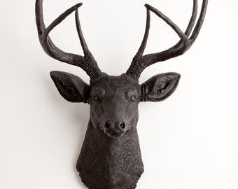 Black Deer Head Wall Mount, The Ignatius by White Faux Taxidermy Decor, Decorative Ceramic-like Resin Fake Stag Head Wall Hanging Ornament