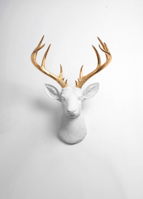 Deer Head Wall Mount Decor The Xl Alfred White And Gold - Faux Animal Head Wall Mount Uk