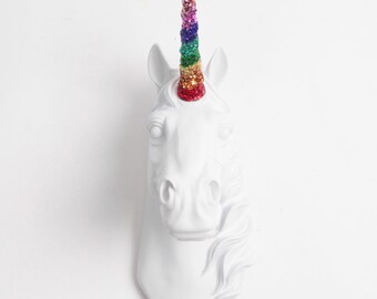 The Binx Mini Unicorn in White w/ Rainbow Glitter Horn by White Faux Taxidermy || Bedroom Decor Wall Hanging & Home Art