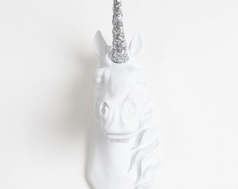 Unicorn Head Wall Sculpture, 10" tall, The Binx in White w/ Silver Glitter by White Faux Taxidermy || Bedroom Decor Wall Hanging & Home Art
