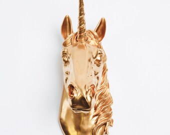 Unicorn Head wall mount in Gold The Bayer, Magical Unicorn Wall Mount Head by White Faux Taxidermy, Unicorn Decor, Kids Room Decor
