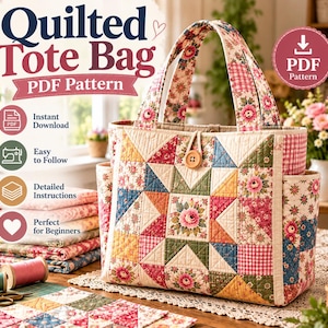May include: A quilted tote bag PDF pattern featuring a patchwork design with floral and gingham fabrics in pink, green, blue, and yellow. The bag has two handles, a wooden button closure, and side pockets. Text includes Quilted Tote Bag PDF Pattern.