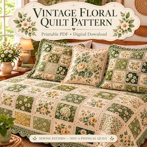 May include: A quilt pattern featuring a grid of squares with green and yellow floral designs. The text reads: Vintage Floral Quilt Pattern, Printable PDF, Digital Download, Sewing Pattern - Not a Physical Quilt.