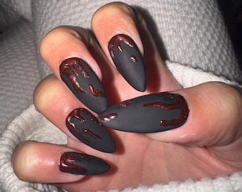 Halloween Matte Black w Red Shimmer Fake Blood Press On Nails, Red Underside