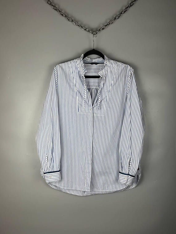 Saint James, Saint James Women's Blue White Striped Blouse Size US 10 FR 42 Ruffle Neck Shirt Vintage