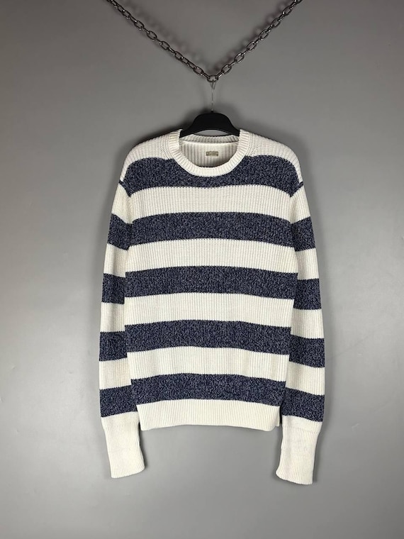 Hackett, Hackett London Mens Striped Cotton Knit Jumper Sweater Size L Navy Ecru Vintage