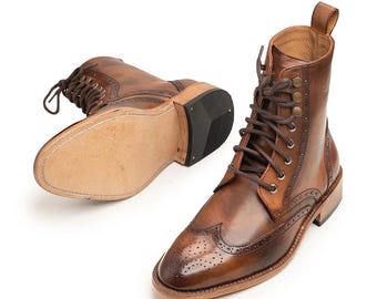 Braune Brogue-Lederstiefel für Herren, Schnürstiefeletten mit Flügelkappe