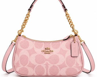 Coach Pink Leather Shoulder Bag, Chain Handle, Detachable Strap (Gift for Her)