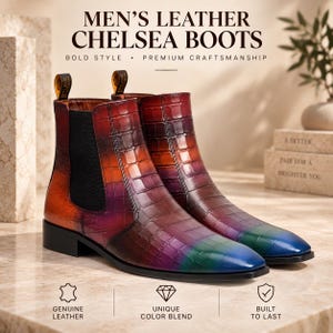 Könnte beinhalten: Chelsea-Stiefel aus Leder mit Krokodilprägung und einem Farbverlauf von Blau zu Grün, Violett, Orange und Rot. Die Stiefel haben schwarze elastische Seiteneinsätze, Zuglaschen und einen niedrigen Absatz. Text: MEN'S LEATHER CHELSEA BOOTS.
