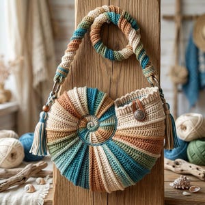 Può includere: Una borsa all'uncinetto a forma di conchiglia di nautilo, caratterizzata da un motivo a spirale nei toni del verde acqua, marrone chiaro e crema. La borsa include un manico intrecciato, due nappe laterali con perline in legno e una chiusura.