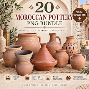 Pacchetto di 20 immagini PNG di ceramiche marocchine, immagini di vasi in terracotta, clipart di ceramiche in argilla, decorazioni marocchine in formato PNG, download digitale