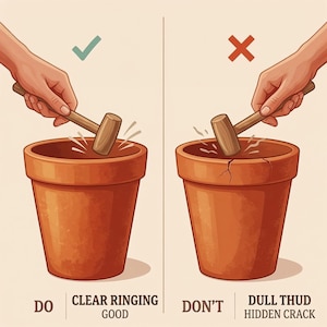 May include: An instructional illustration showing two terracotta pots. The left side shows a mallet tapping a pot with a checkmark and the text CLEAR RINGING GOOD. The right side shows a mallet tapping a cracked pot with an X and DULL THUD HIDDEN CRACK.
