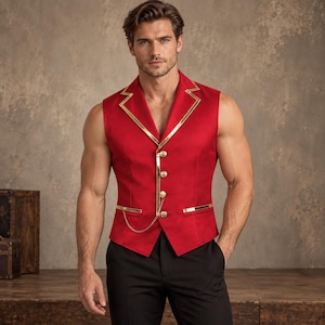 May include: A sleeveless red waistcoat featuring a notched lapel with gold trim, a front button fastening with four gold buttons, and a gold chain detail attached to the lower front pocket area, worn with plain black trousers.