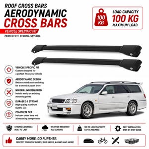 May include: Two black aerodynamic roof cross bars with a 100 kg maximum load capacity. The set includes mounting components for a vehicle-specific fit. The graphic displays a white station wagon and icons for weather resistance and easy installation.