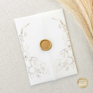 Modern Wedding Invitation Gold Roses Vellum Jacket | Faux Gold Vellum Wrap | Vellum Jacket 5x7 Invitation | Gold Flower Crest Invite Wrap