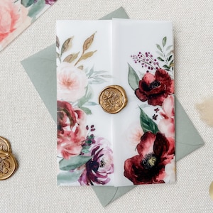 Burgundy Blush Sage Vellum Jacket for Wedding Invitation | Vellum Wrap for Invite 5x7 | Translucent Invite | Rustic Floral Invite Jacket