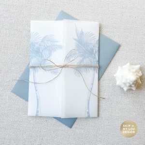 Beach Wedding Invitation Vellum Jacket | Palm Tree Vellum Wrap 5x7 Invite | Sage Green Tropical Wedding | Vellum Invite | Dusty Blue Wedding