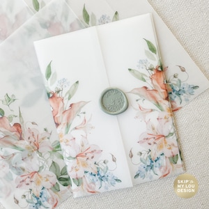 Blushing Lilies Wedding Invite Vellum Jacket | Sage Green Dusty Blue Vellum Jacket 5x7 Invitation | Vellum Wrap | Clear Paper Invite Wrap