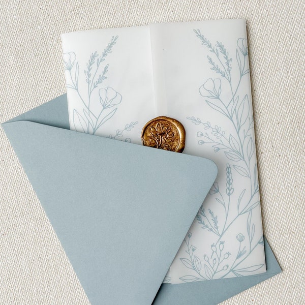 Botanical Florals Invitation Vellum Jacket | 5x7 Dusty Blue Wedding Invite Vellum Wrap | Botanical Invite Vellum | Sage Green Wedding Vellum