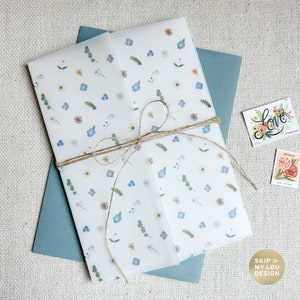 Tiny Pressed Flowers Vellum Jacket for Wedding Invitation | 5x7&quot; Vellum Wrap for Invite | Translucent Jacket | Rustic Floral Garden Theme