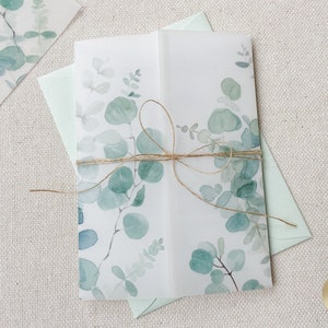 Eucalyptus Vellum Jacket for Wedding Invitation | Vellum Wrap with Watercolored Eucalyptus | Vellum Jacket 5x7 | Sage Green Wedding Invite
