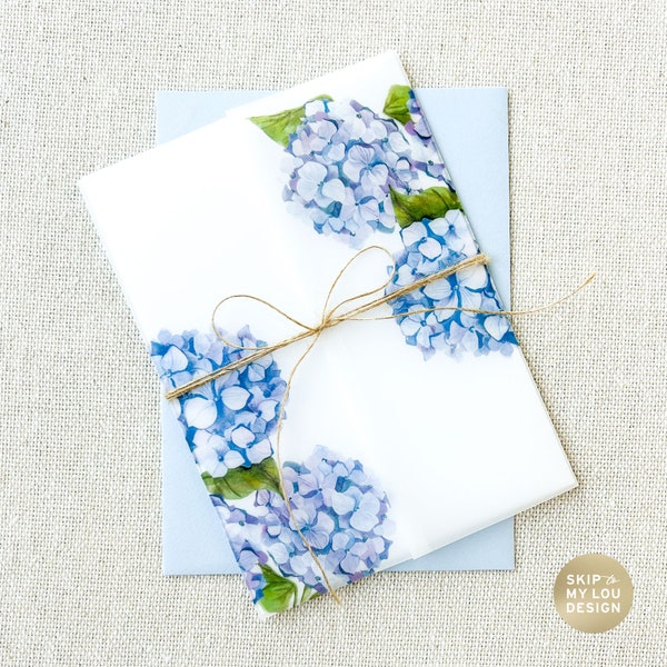 Hydrangea Vellum Jacket for Wedding Invitation | Vellum Jacket for 5x7 Invitation | Blue Floral Invite Wrap | Blue Hydrangea | Floral Vellum