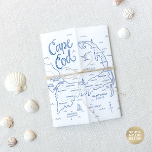 Cape Cod-huwelijksuitnodiging perkamentjasje | Vellum jack 5 x 7 | Cape Cod kaart perkament wrap | Cape Cod bruiloftsuitnodiging kaart perkamentpapier wraps