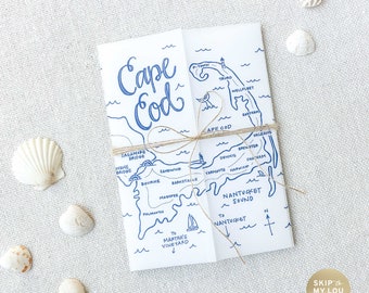 Cape Cod Wedding Invitation Vellum Jacket | Vellum Jacket 5x7 | Cape Cod Map Vellum Wrap | Cape Cod Wedding Invite Map Vellum Wraps