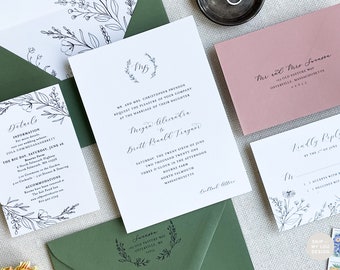 Botanical Florals Wedding Invitation | Floral Crest Invitation | 4 Piece Set | Minimalist Wedding Invitation | Monogram Wedding