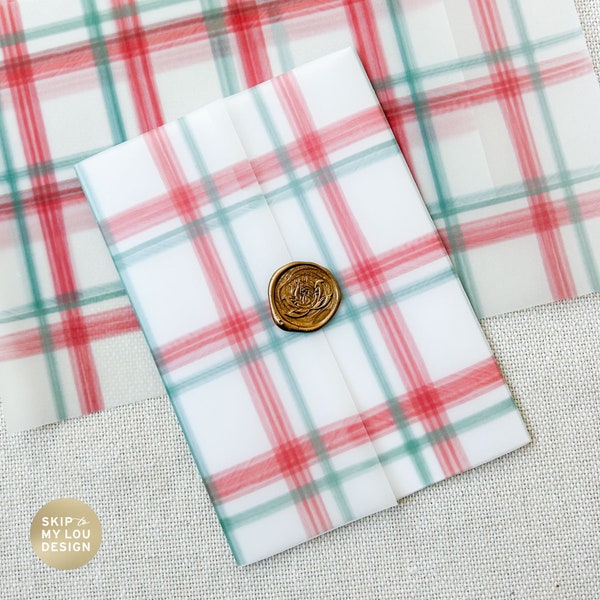 Christmas Plaid Vellum Jacket | Christmas Wedding Vellum Jacket 5x7 Invite Wrap | Winter Wedding Vellum Wrap | Red and Green Plaid Vellum